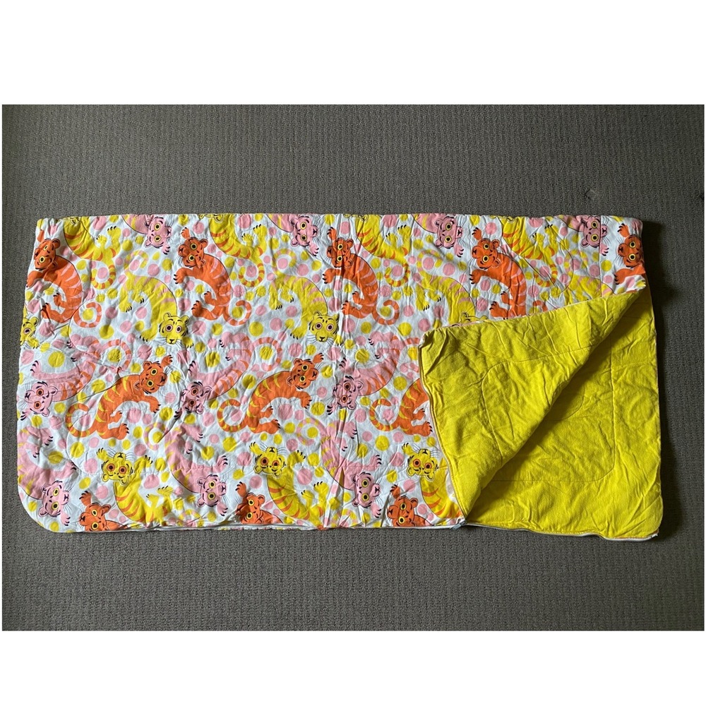 Vintage Kids Tiger Print Sleeping Bag Retro Yellow Fleece Lined Metal Zipper
